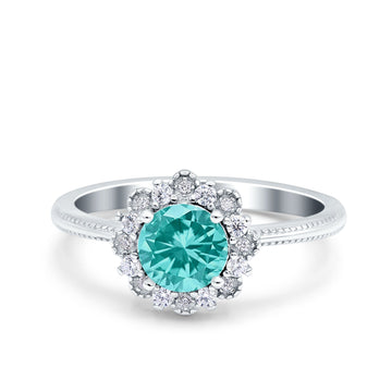 Halo Floral Style Art Deco Round Wedding Engagement Ring Simulated Paraiba Tourmaline CZ 925 Sterling Silver